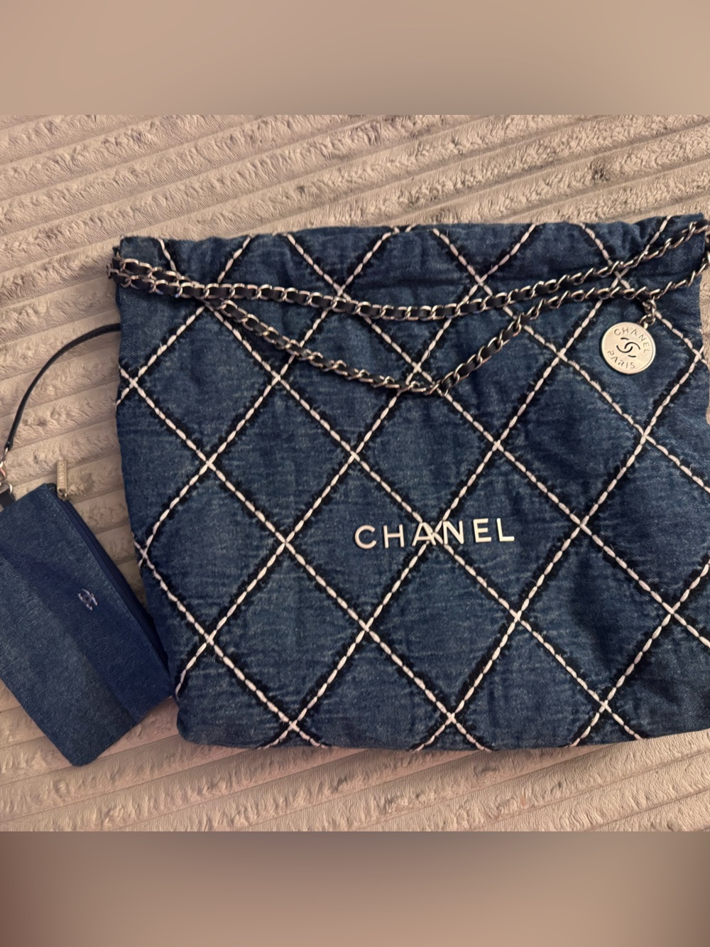 Design inspired Blue Quilted Denim Chain Shoulder Bag with Wallet